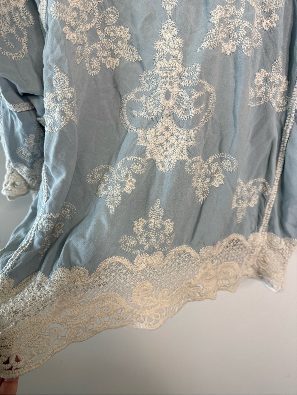 Democracy Pale Blue Embroidered Crochet Peasant Tunic - Picture 2 of 5